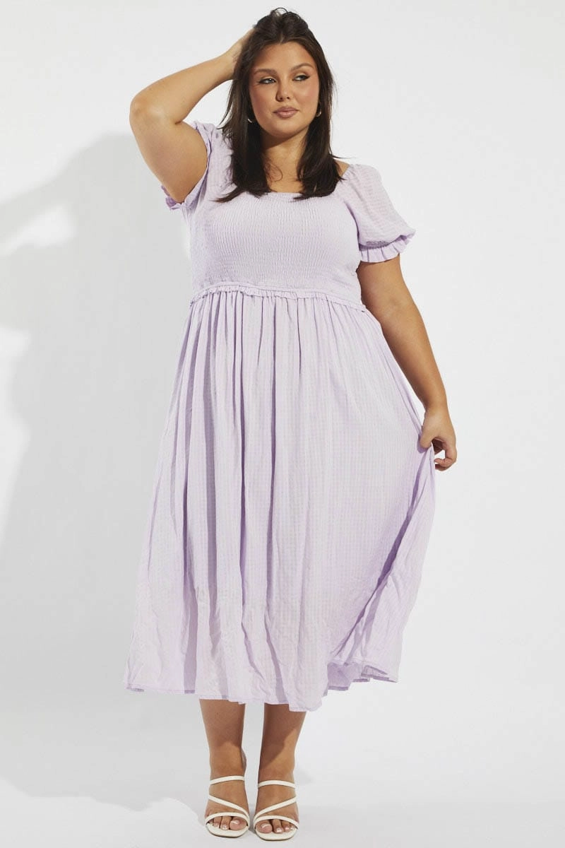 Light Volume Purple Midi Dress Short Sleeve Shirred