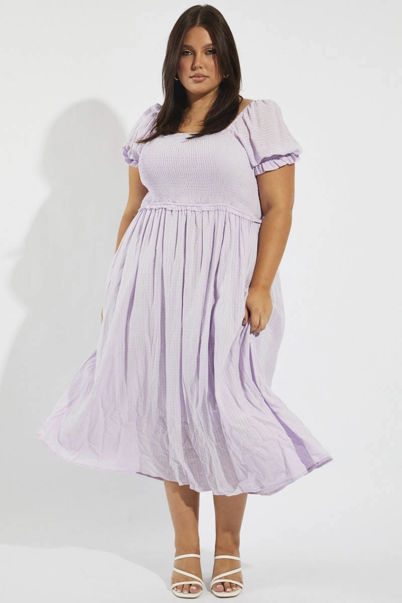 Purple Midi Dress Short Sleeve Shirred Comfortable Style Non-Iron