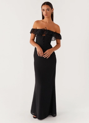 Scarlet Cherry Maxi Dress - Black Polka Dot Modern Lines