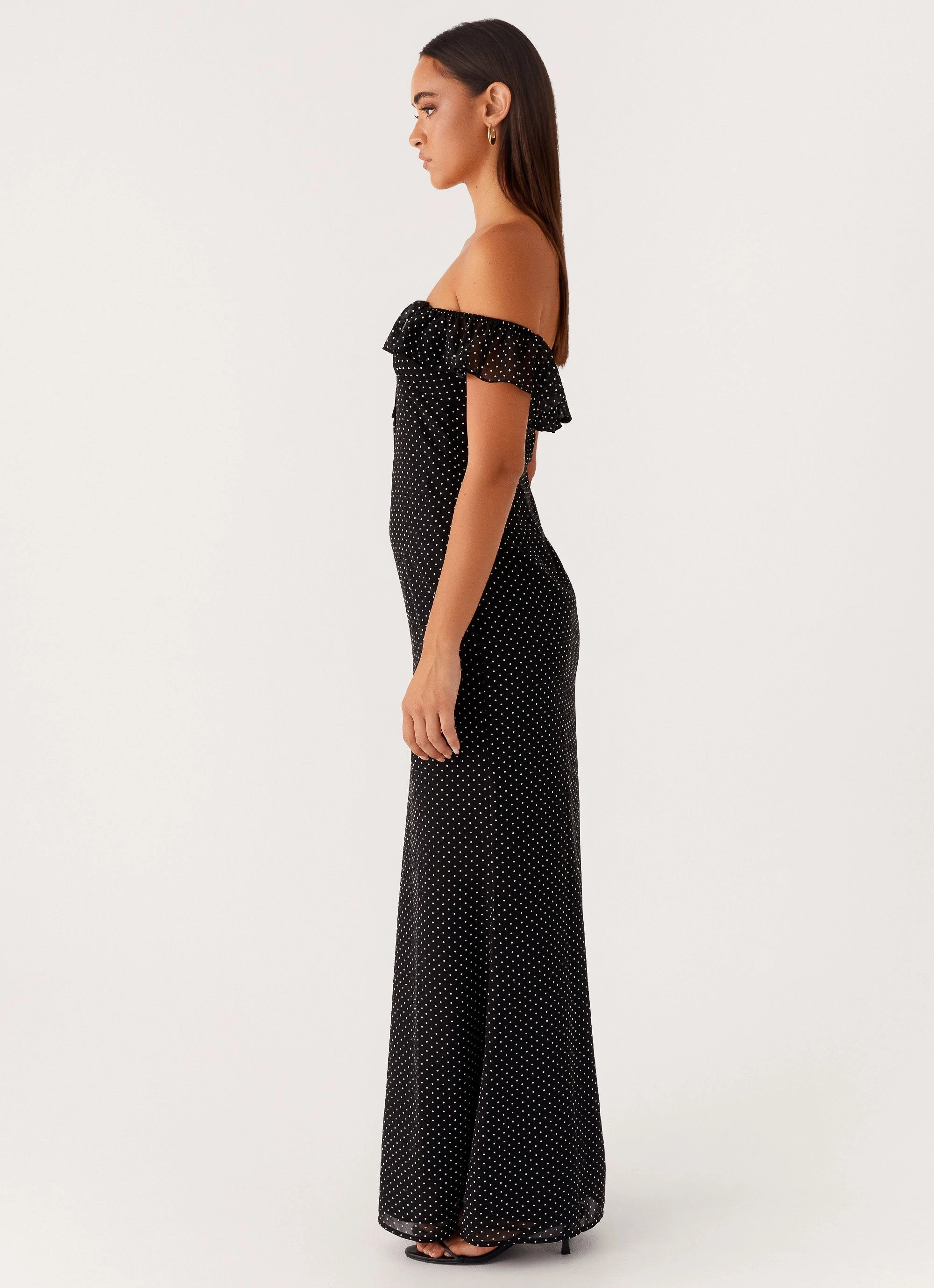 Scarlet Cherry Maxi Dress - Black Polka Dot elegant design Sheer Look