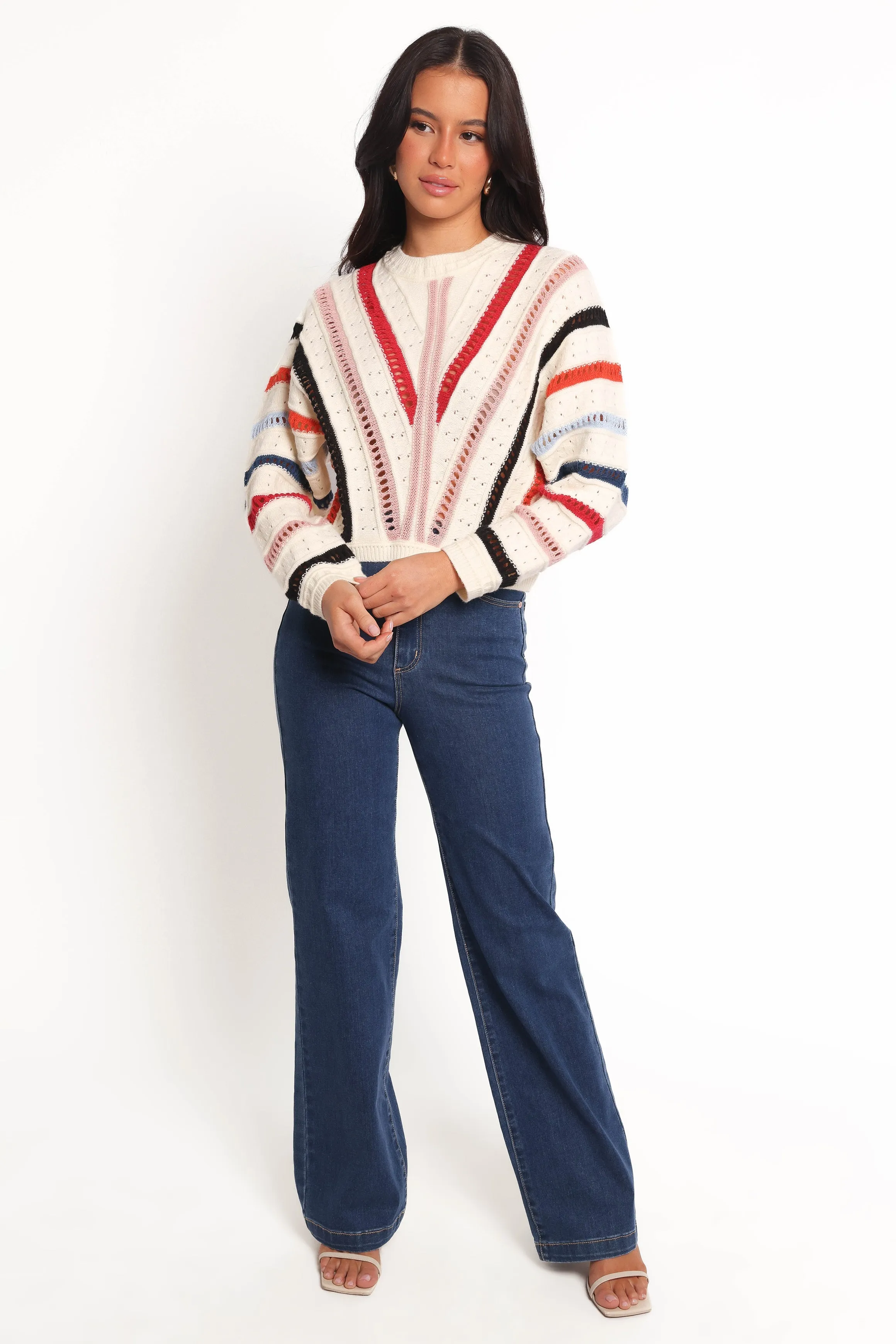 Low Impact Manufacturing Non Restrictive Silhouette Marie Stripe Knit Sweater - White