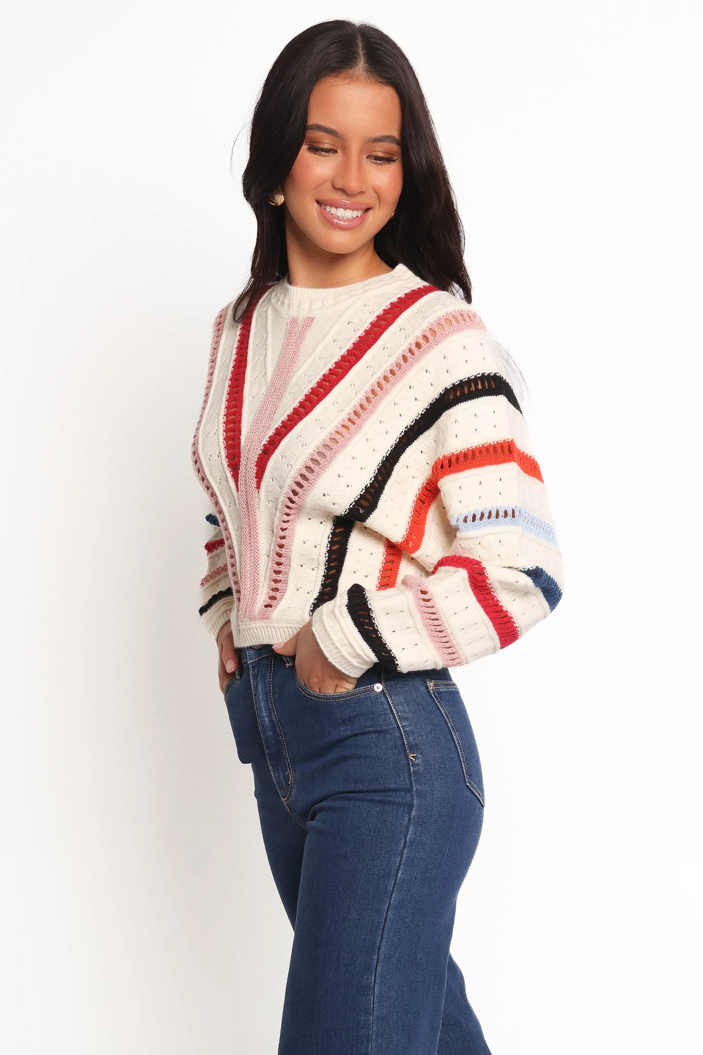 Marie Stripe Knit Sweater - White DoubleLayered Hem