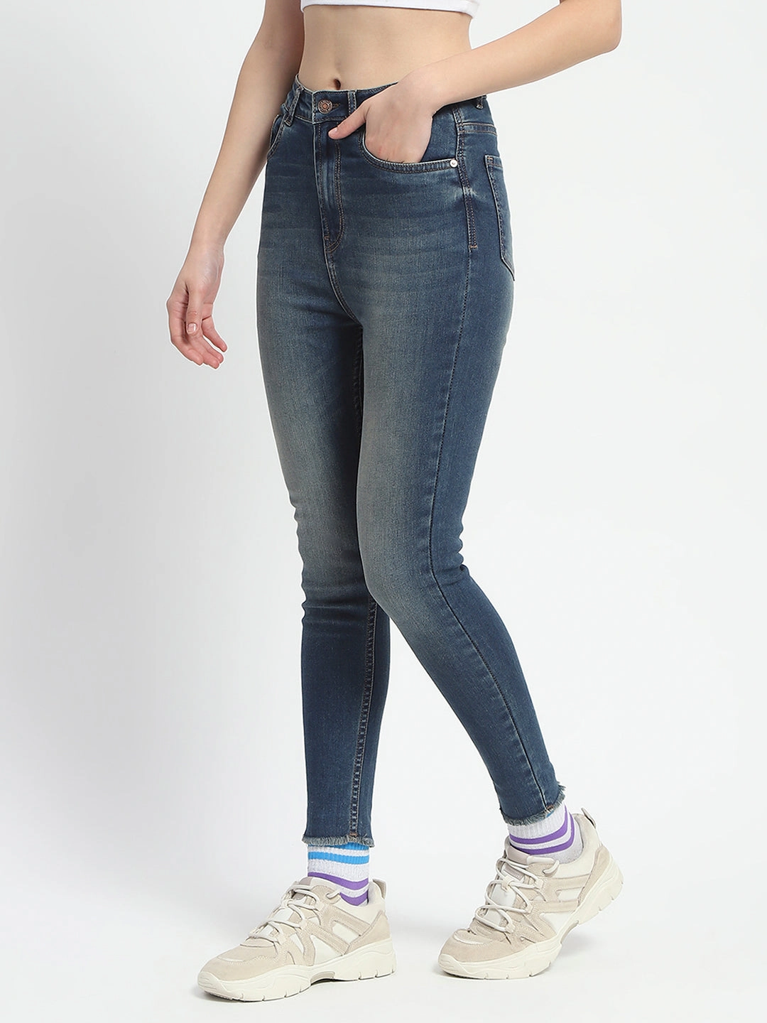 Madame Whiskered Stone Wash Green Tinted Cotton Denim Chic Silhouette