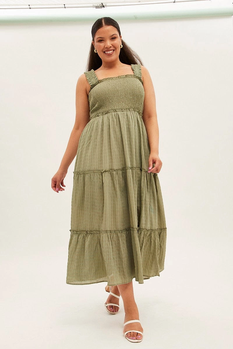 Green Maxi Dress Gather Shoulder Sleeveless Textured Smart Pairing