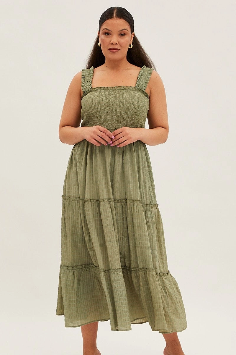 Classic wrap dress Comfortable and Flattering Green Maxi Dress Gather Shoulder Sleeveless Textured