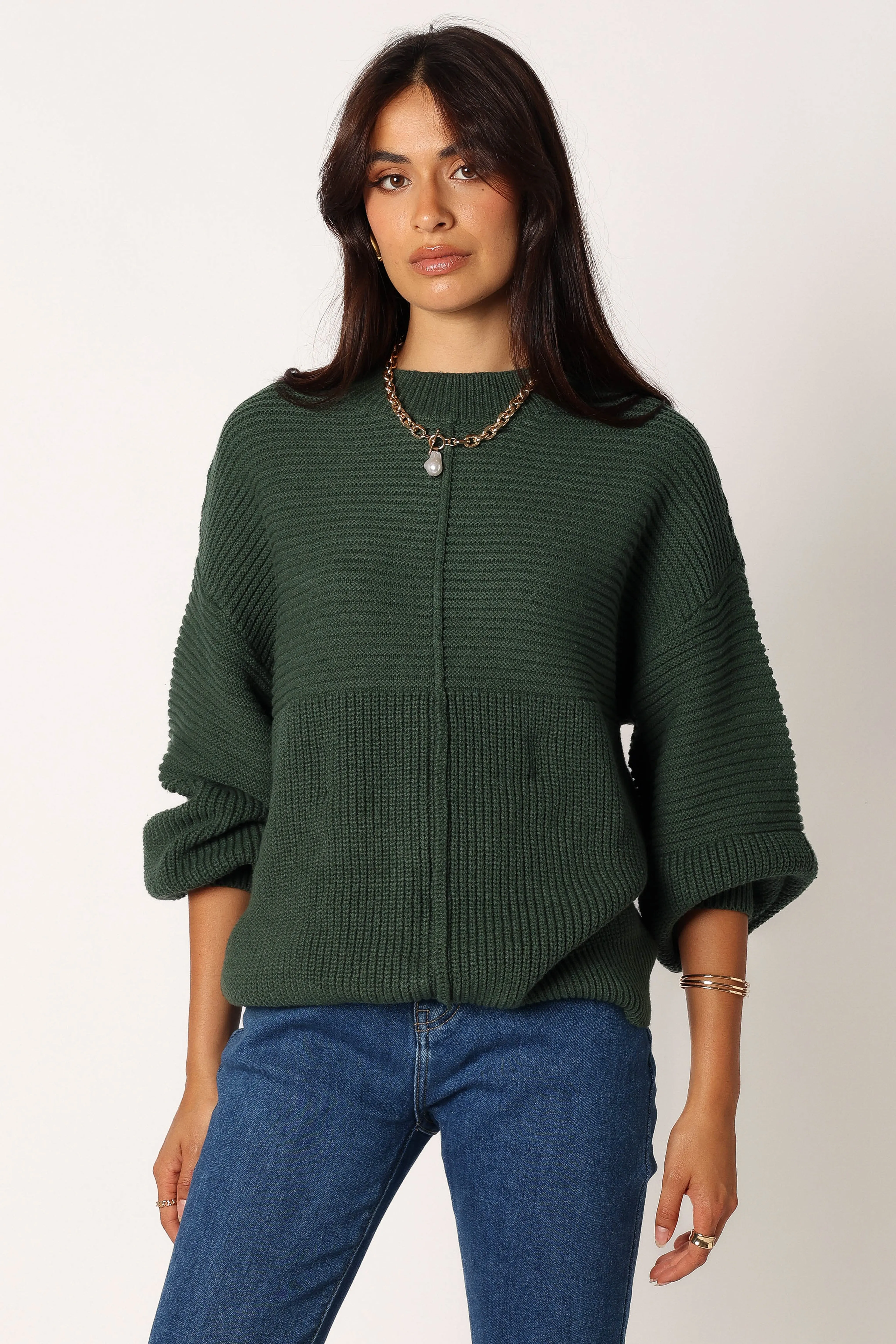 Meredith Ribbed Crewneck Knit Sweater - Green Wardrobe Classic LowProfile Stitching