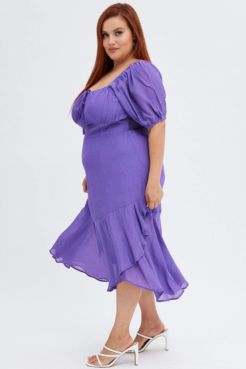 Purple Midi Dress Short Sleeve Ruffle Ruched Bust Cozy Fit Cool Motion