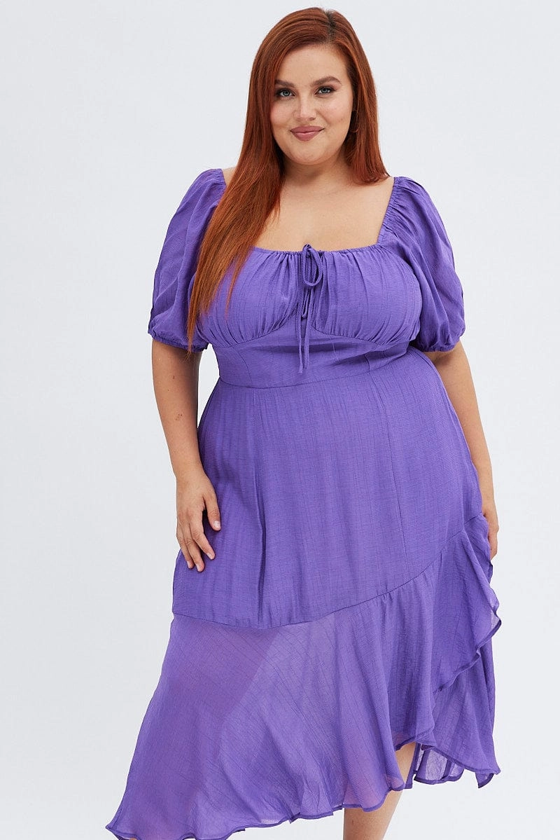 Button-front Easy Pretty Purple Midi Dress Short Sleeve Ruffle Ruched Bust