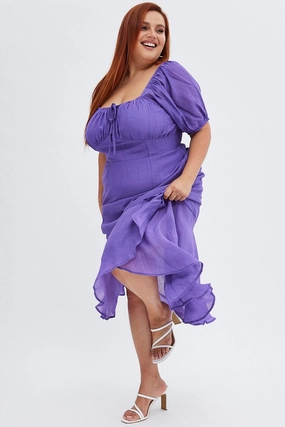 Flattering Cut Mixed Fabric Purple Midi Dress Short Sleeve Ruffle Ruched Bust