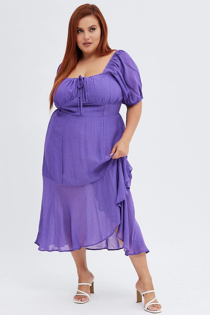 Purple Midi Dress Short Sleeve Ruffle Ruched Bust Formal Look