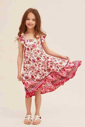 Eye Appeal Raglan-Sleeve Boho Print Kids Midi Dress Tiered Boho