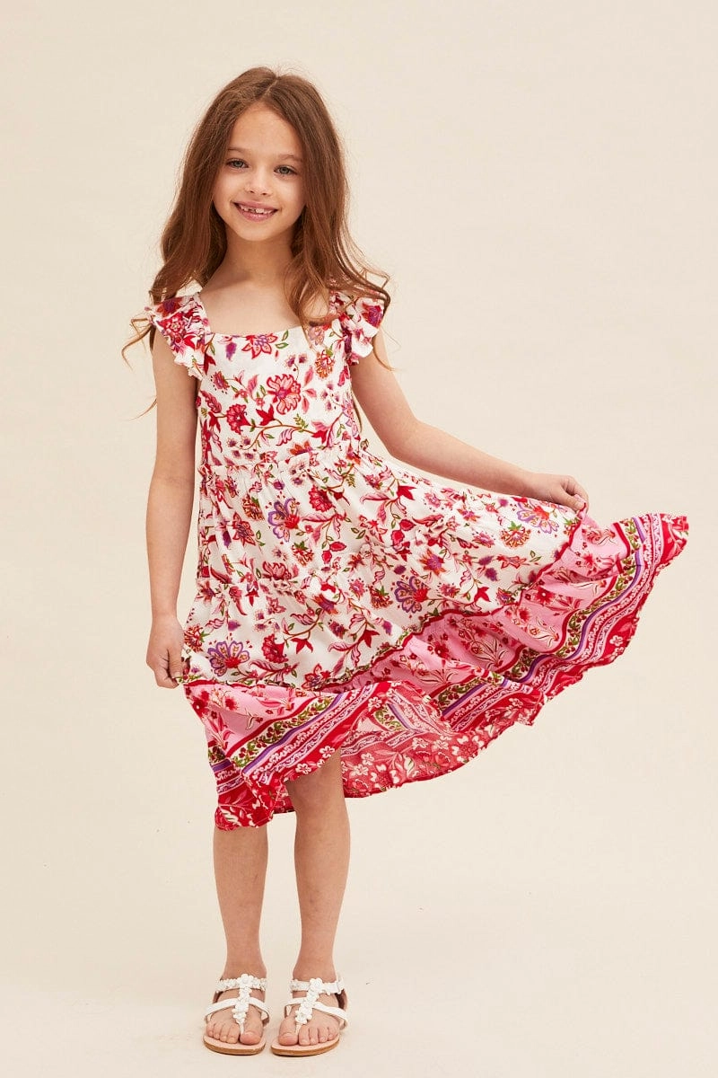 Eye Appeal Raglan-Sleeve Boho Print Kids Midi Dress Tiered Boho