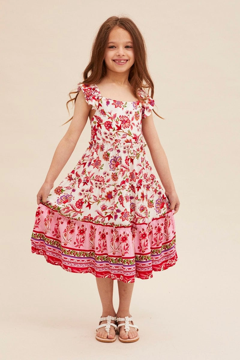 Boho Print Kids Midi Dress Tiered Boho Elegant Motion garden wedding