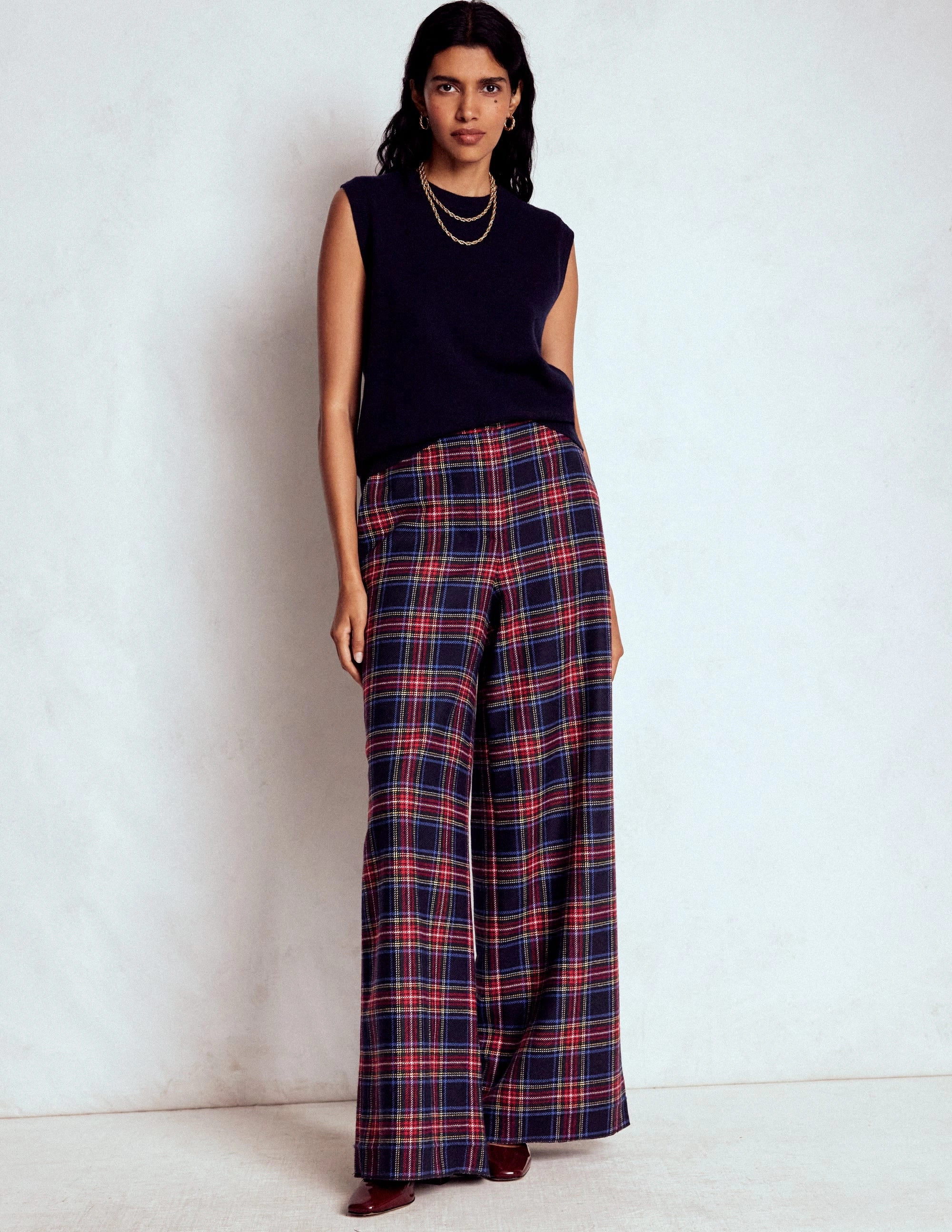 Relaxed Lines StaticDissipativeFabric Belgravia Wool Trousers-Navy, Green and Red Check
