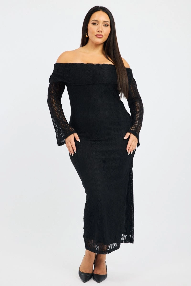 Cocktail Ready All-day Comfort Black Lace Off Shoulder Dress