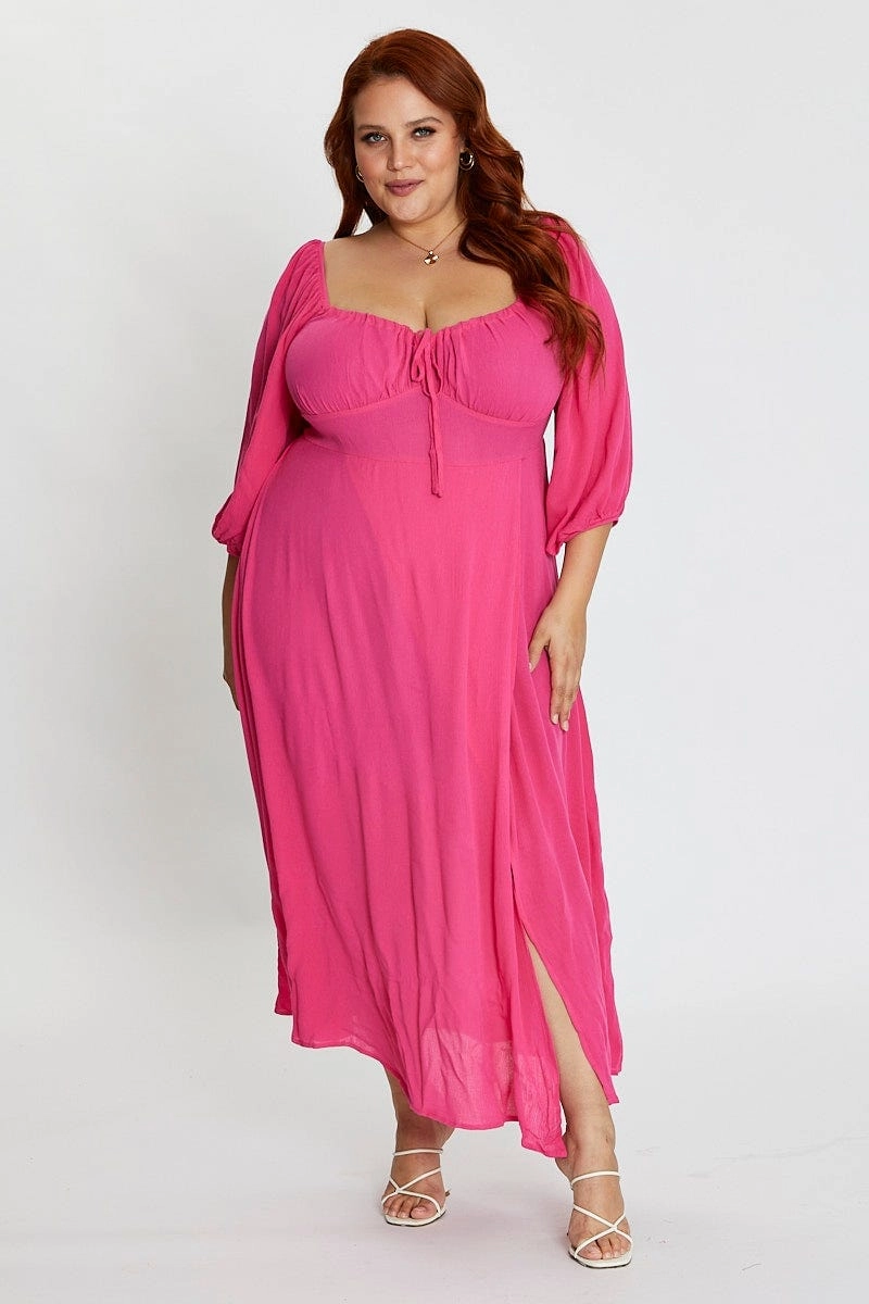 Hot Pink Maxi Dress Scoop Neck Short Sleeve Front Split Casual Style Wear