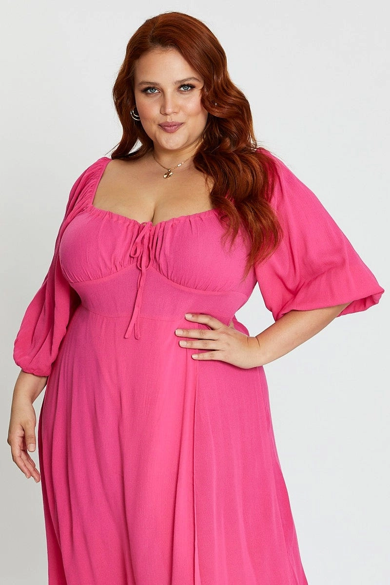 Hot Pink Maxi Dress Scoop Neck Short Sleeve Front Split Panelled-Design