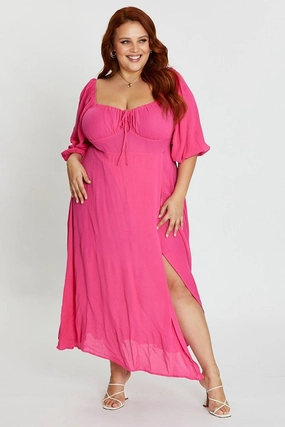 Hot Pink Maxi Dress Scoop Neck Short Sleeve Front Split Sleek Presence Day Glow