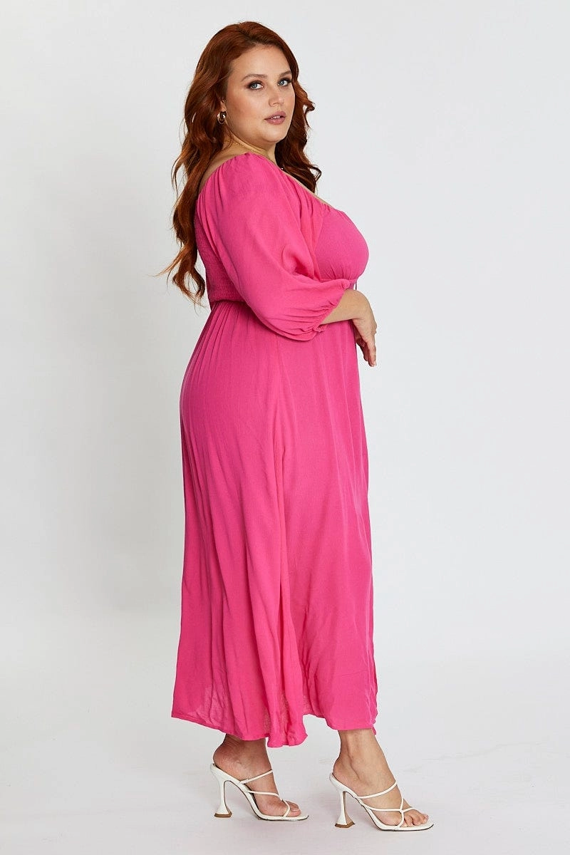Jewel Accent Hot Pink Maxi Dress Scoop Neck Short Sleeve Front Split