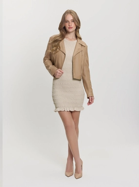 Brown Clemence Faux-Leather Jacket Wet Wicking Zipper Closure Mechanism