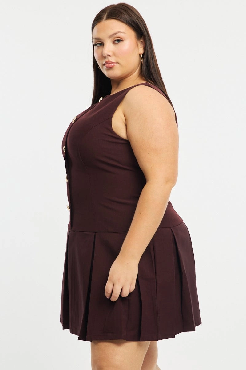 Brown Low Waist Dress Sleeveless Golden Button Soft Vibes Party Perfect