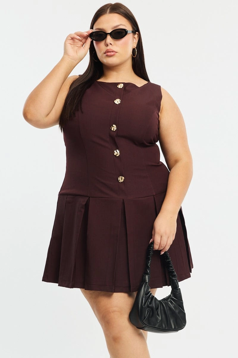 Brown Low Waist Dress Sleeveless Golden Button Luxe Appeal