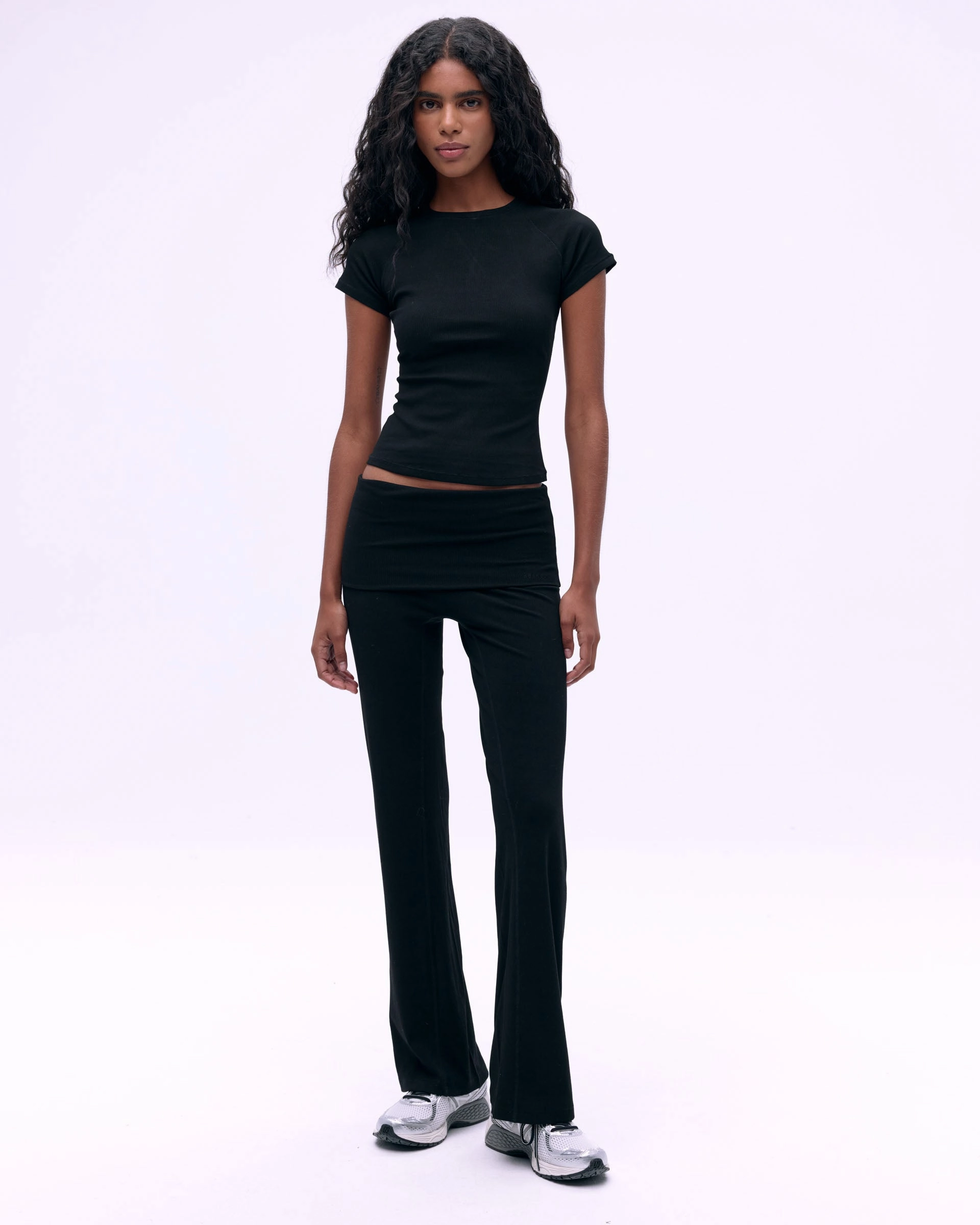 Linen blend Rib Fold Over Pants - Black