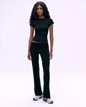 Linen blend Rib Fold Over Pants - Black