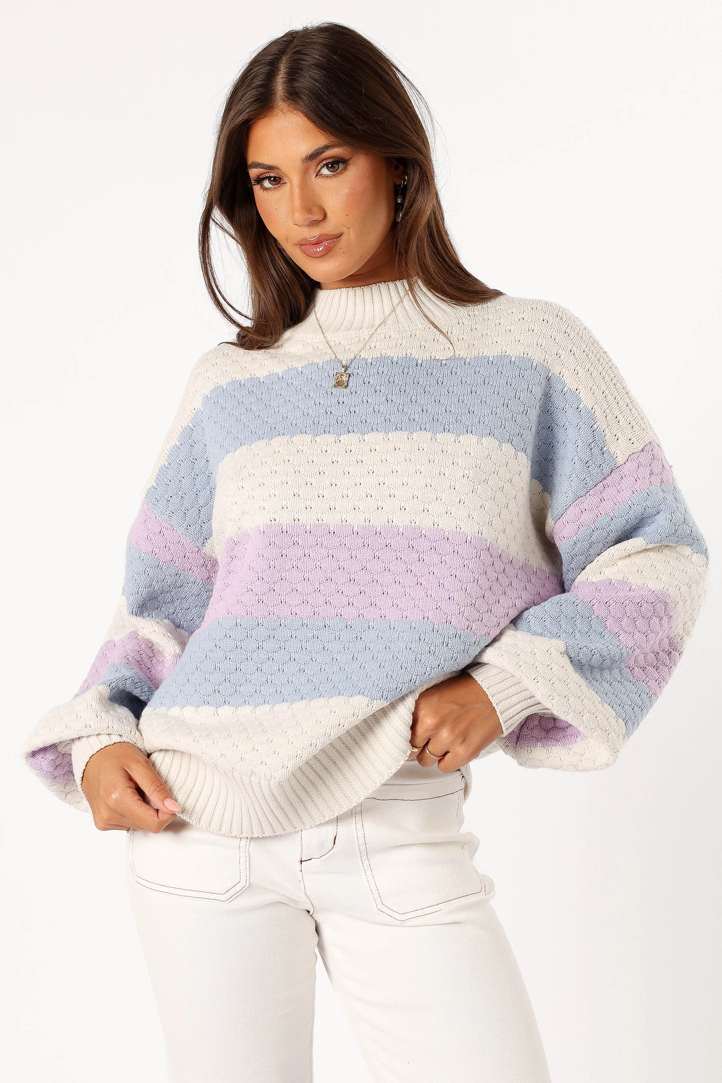 Dani Multi Stripe Knit Sweater - White Light Blue Work Friendly Flexible Neckline
