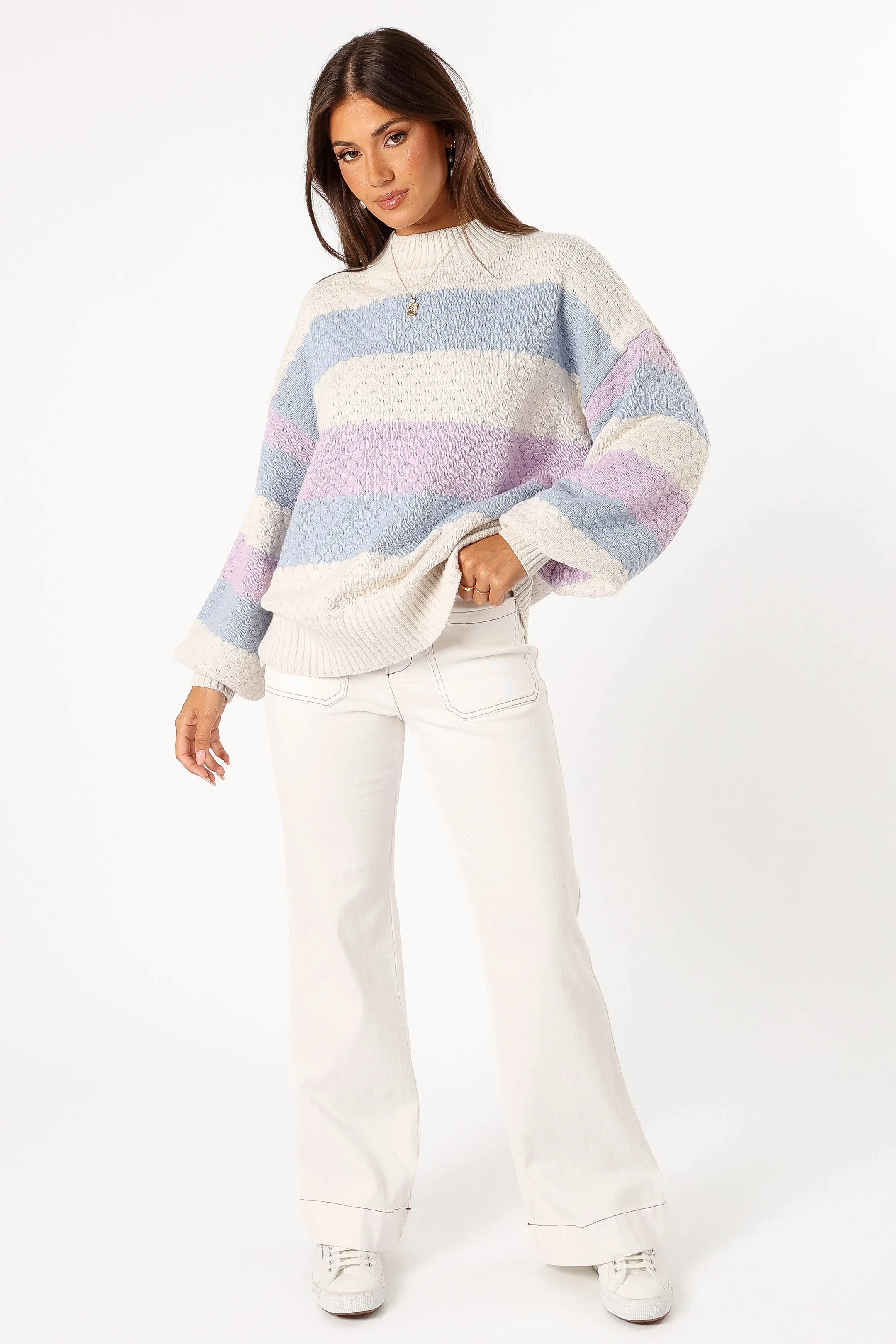 Thermal Lined Cuffs Dani Multi Stripe Knit Sweater - White Light Blue
