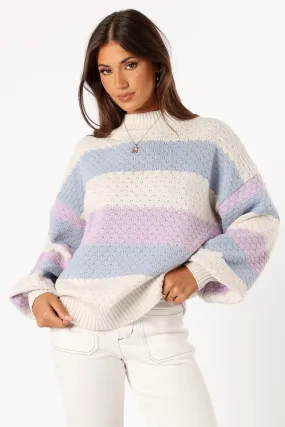 Dani Multi Stripe Knit Sweater - White Light Blue Work Friendly Flexible Neckline