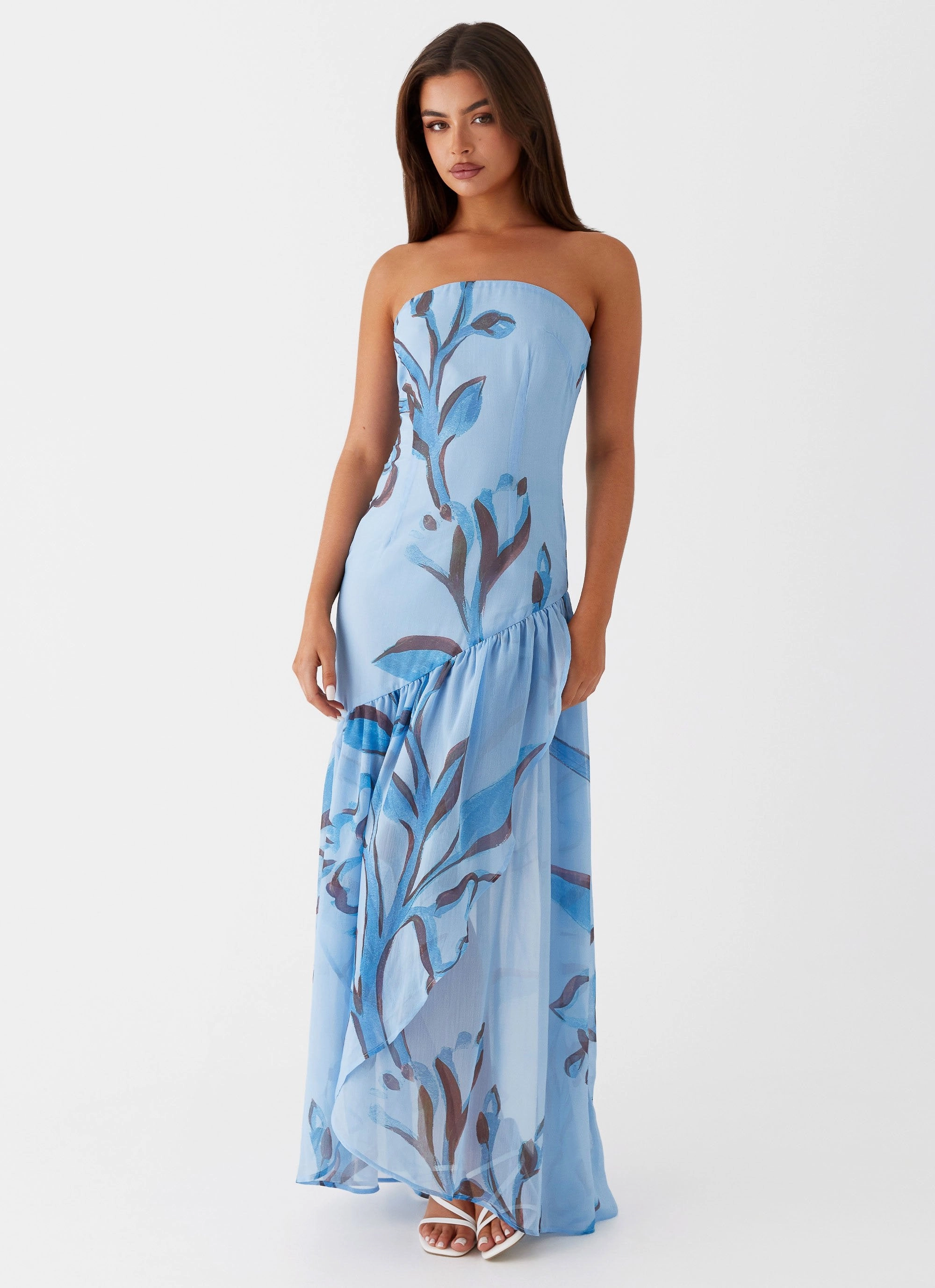 Solaris Strapless Maxi Dress - Blue Floral Elegant Line