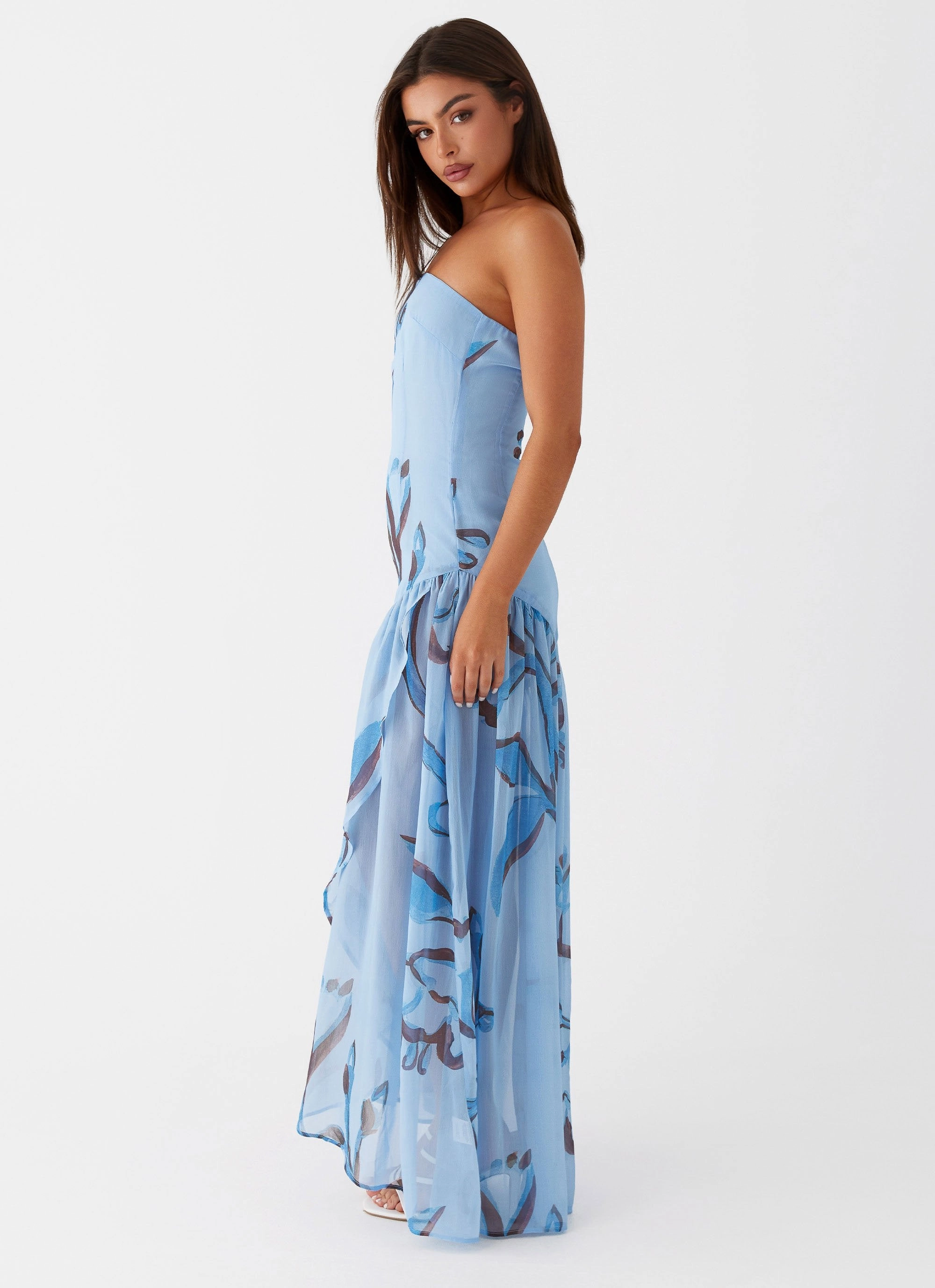 Picture Perfect Puff-Sleeve Solaris Strapless Maxi Dress - Blue Floral