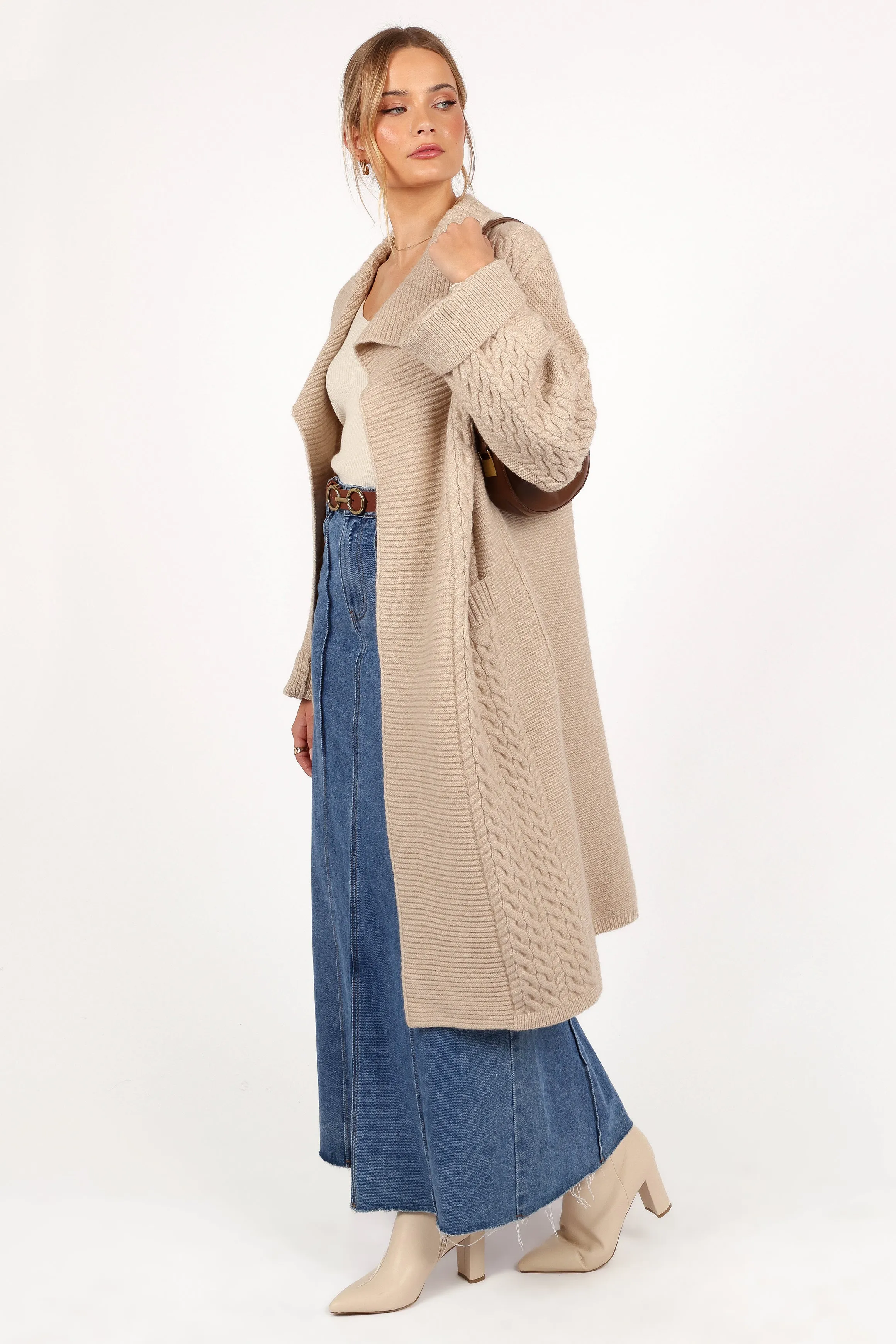 Soma Oversized Open Front Cardigan - Beige Reinforced Neckline