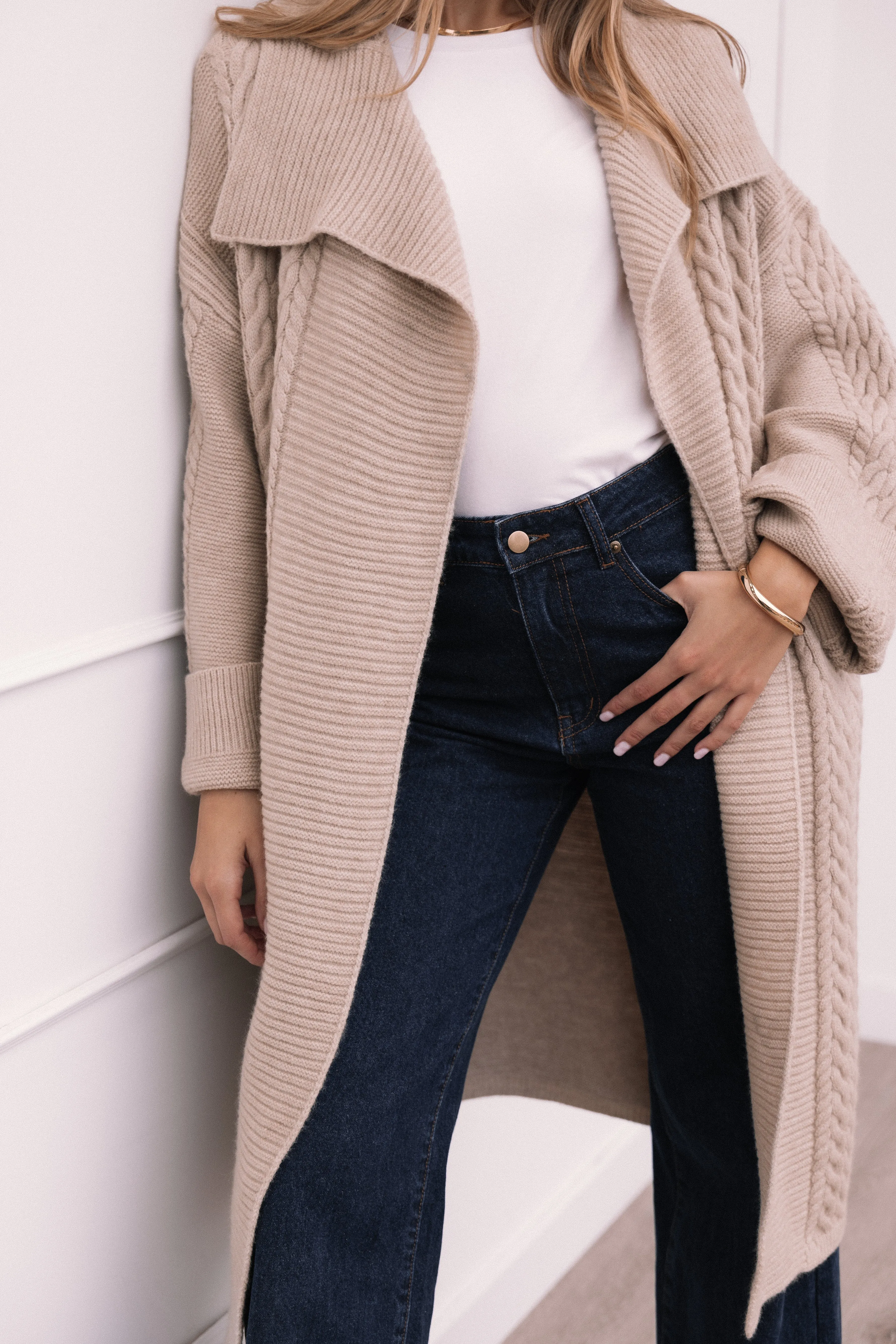 Soma Oversized Open Front Cardigan - Beige Simple Warmth