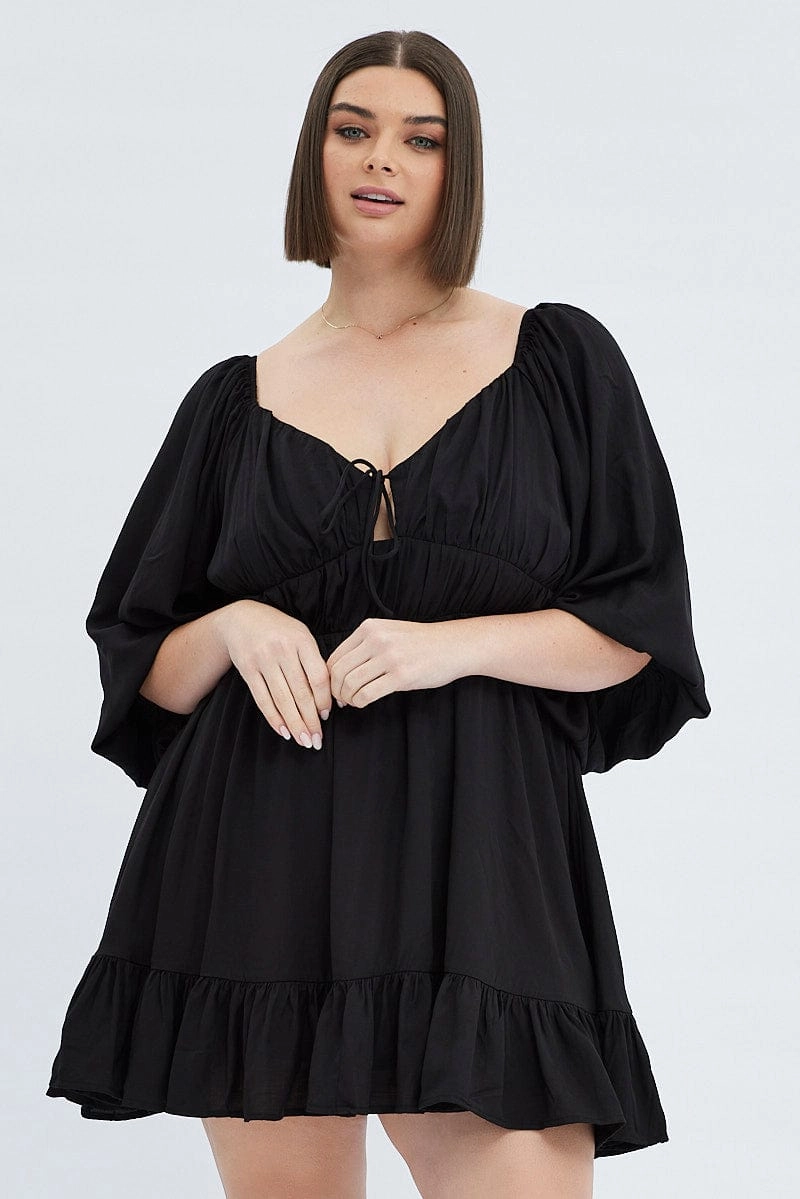 Mood Comfort Simple Bow Black Fit And Flare Dress 3/4 Sleeve Tiered Cut Out