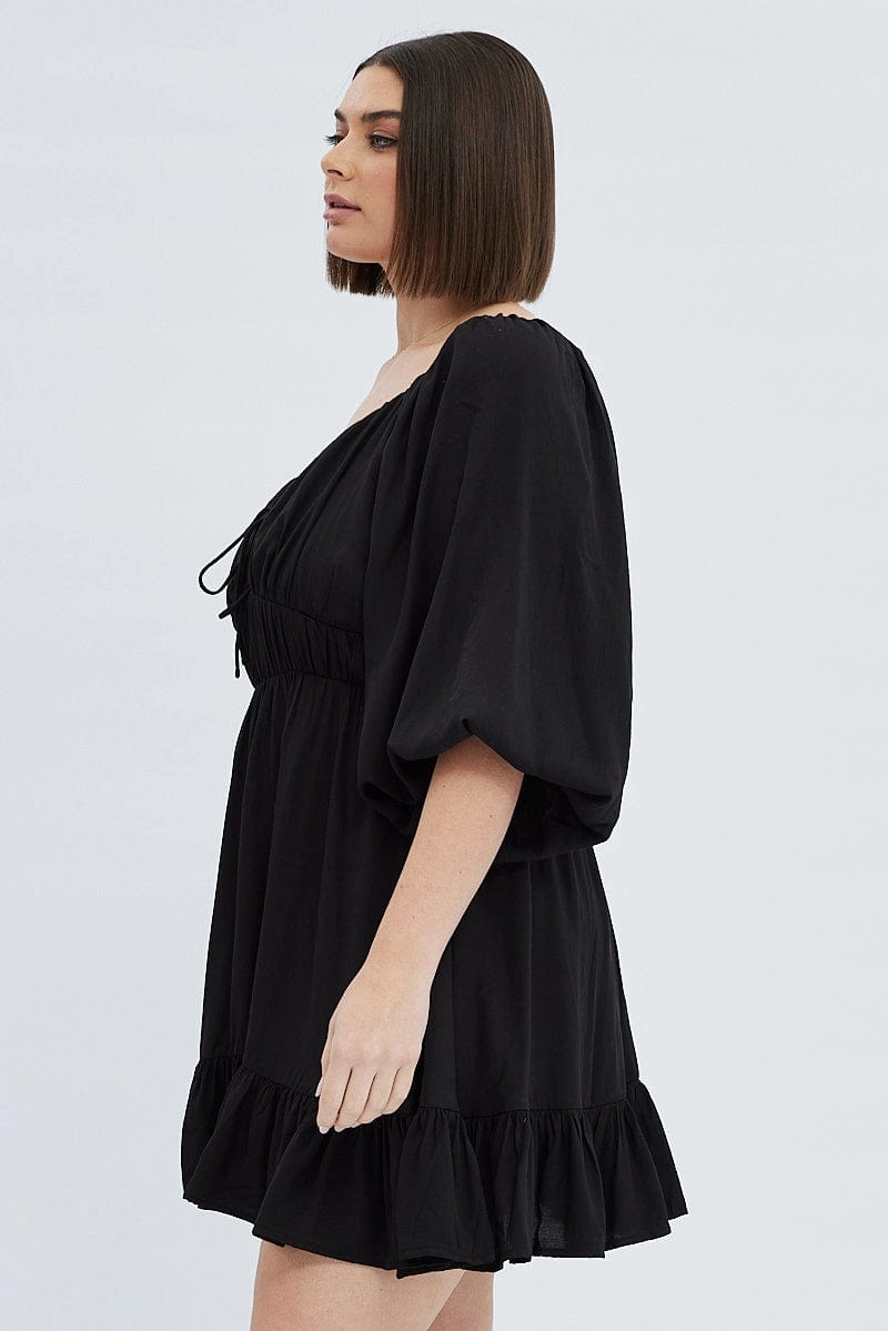Black Fit And Flare Dress 3/4 Sleeve Tiered Cut Out Sleek Design Fit