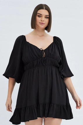 Black Fit And Flare Dress 3/4 Sleeve Tiered Cut Out Wedding Style Must Have