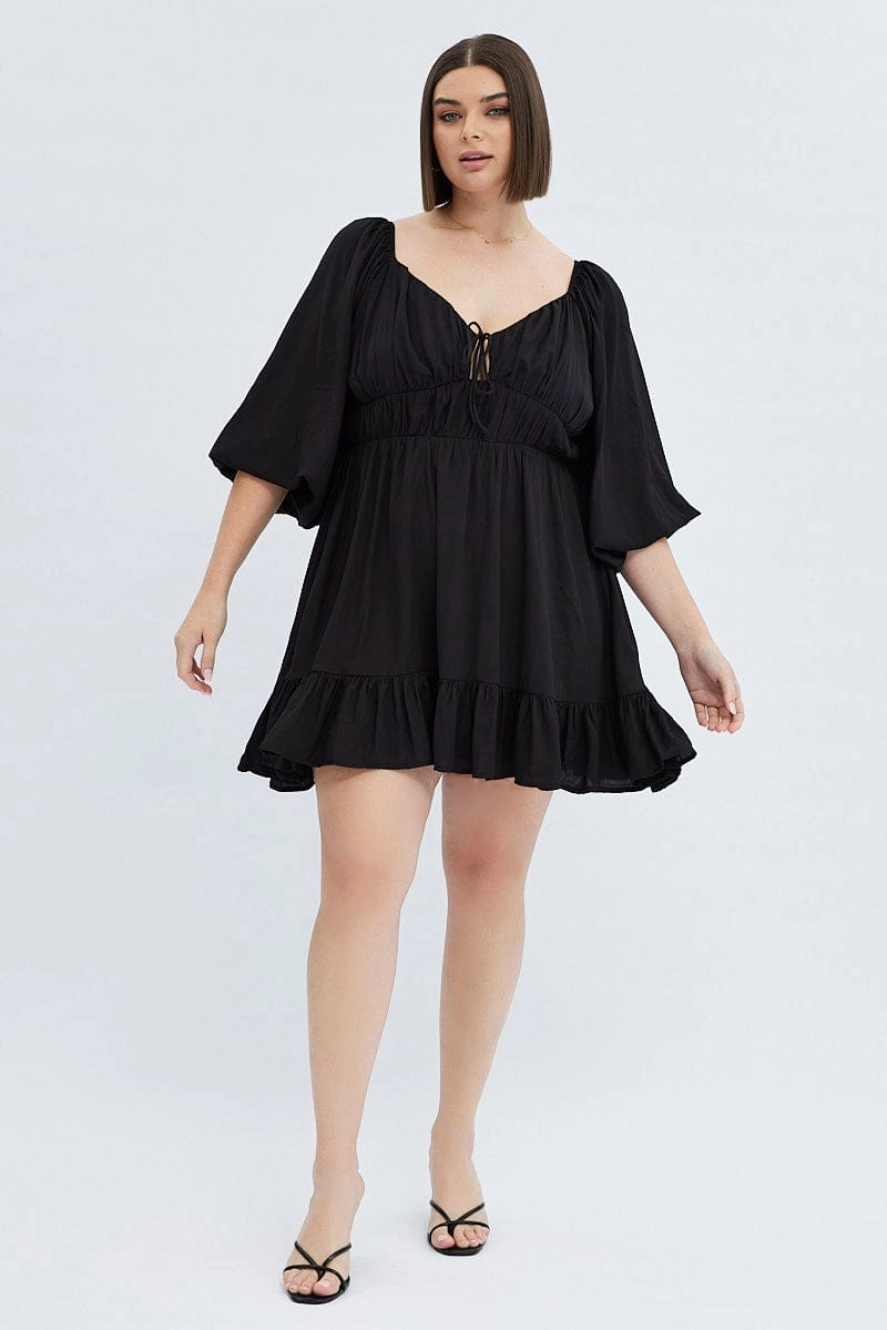 Black Fit And Flare Dress 3/4 Sleeve Tiered Cut Out Texture Softness Modern Cut