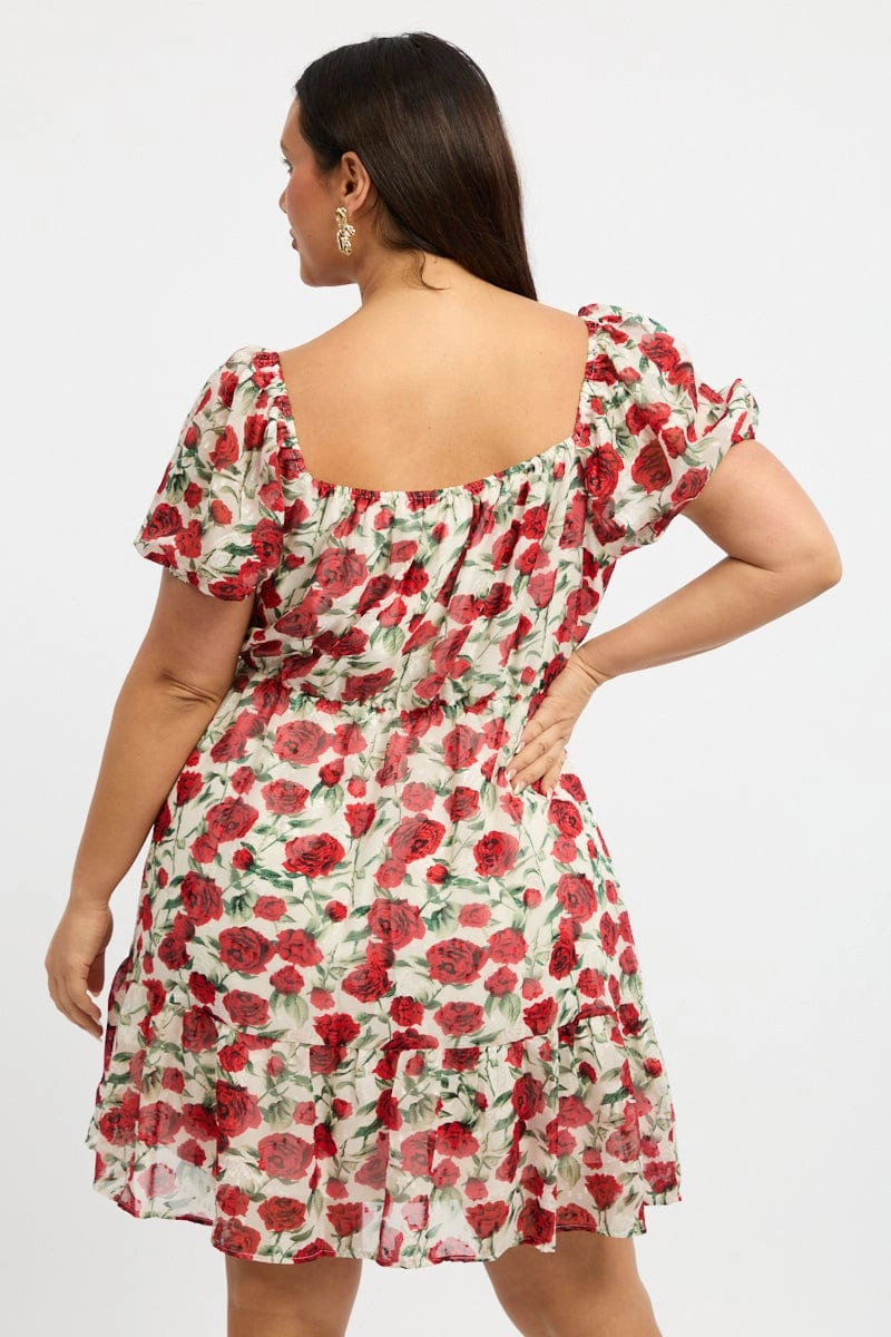 Red Floral Lace Trim Sweetheart Frill Minidress Lightweight Layer