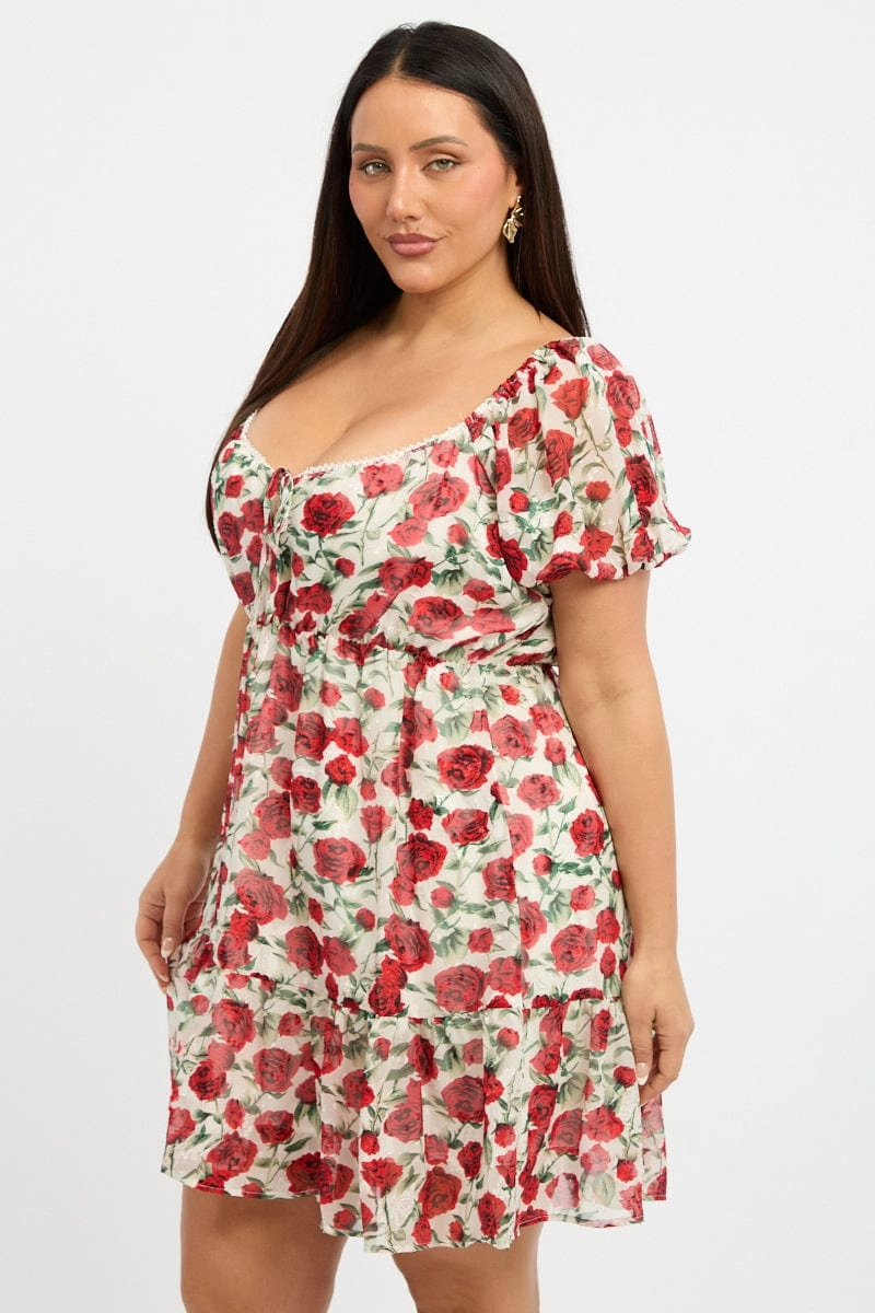 Red Floral Lace Trim Sweetheart Frill Minidress Flattering Cut