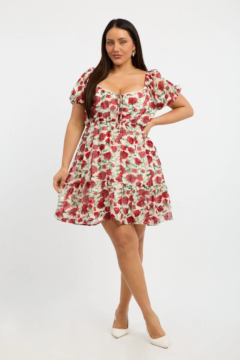 Red Floral Lace Trim Sweetheart Frill Minidress Smooth Surface