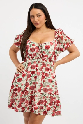 Edgy Layers Day Magic Red Floral Lace Trim Sweetheart Frill Minidress