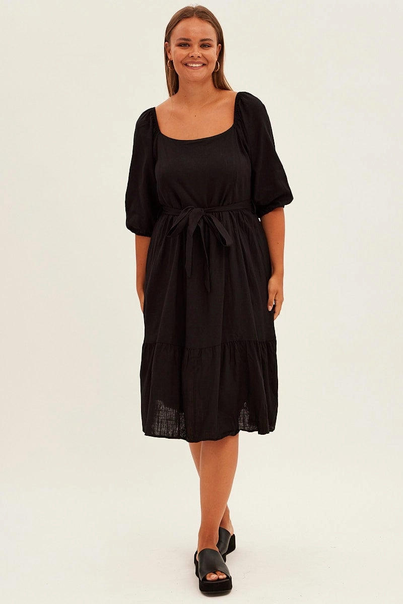Black Midi Dress Puff Sleeve Belt Frill Hem Natural Feel