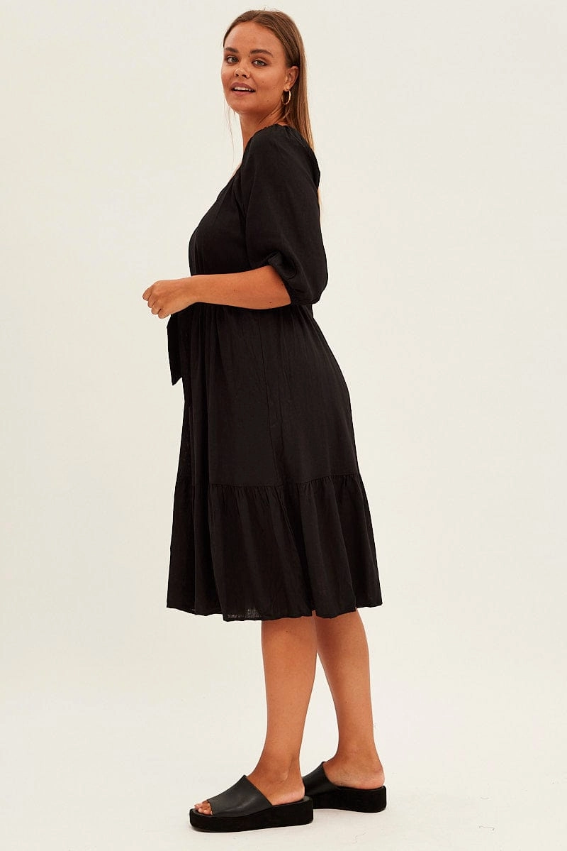 Black Midi Dress Puff Sleeve Belt Frill Hem Quilted-Lining