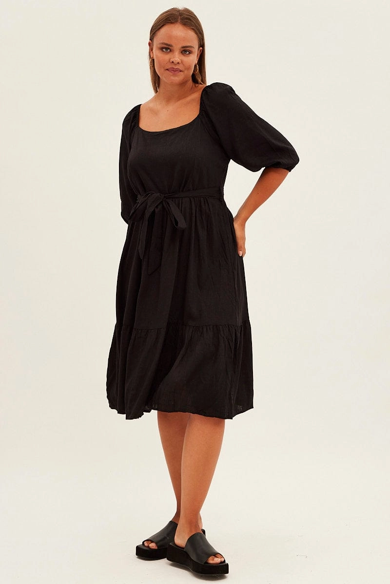 Black Midi Dress Puff Sleeve Belt Frill Hem Elegant Silhouette