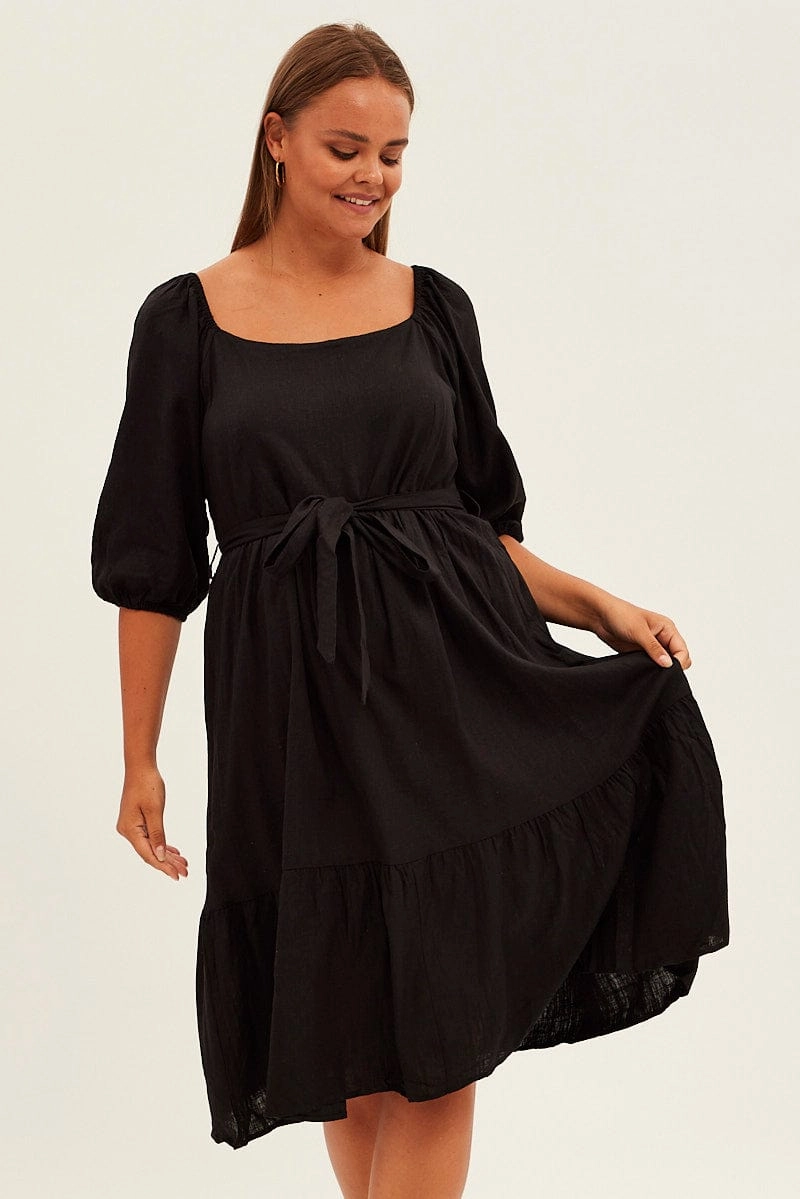 Work-to-Play Wear Unlined Look Black Midi Dress Puff Sleeve Belt Frill Hem