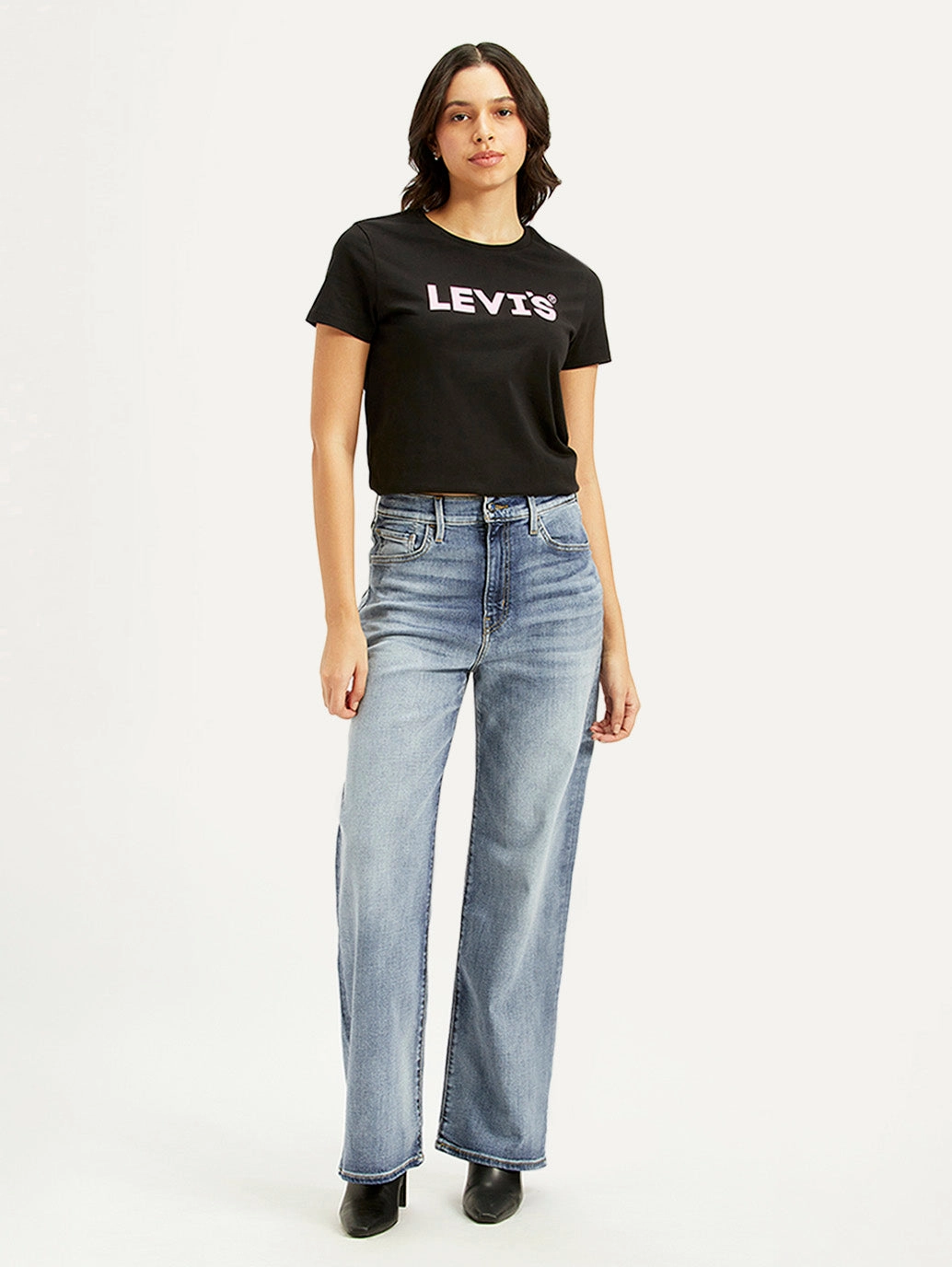 Women's Light Blue Ribcage Bell Bottom Wide Leg Fit High Rise Jeans Mid Rise Structure