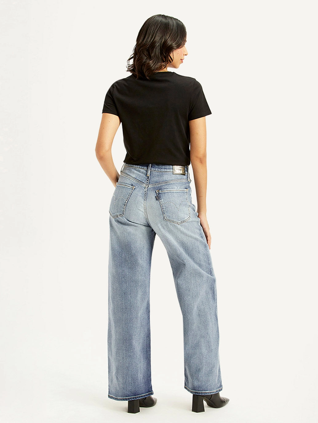 Women's Light Blue Ribcage Bell Bottom Wide Leg Fit High Rise Jeans Edgy Design