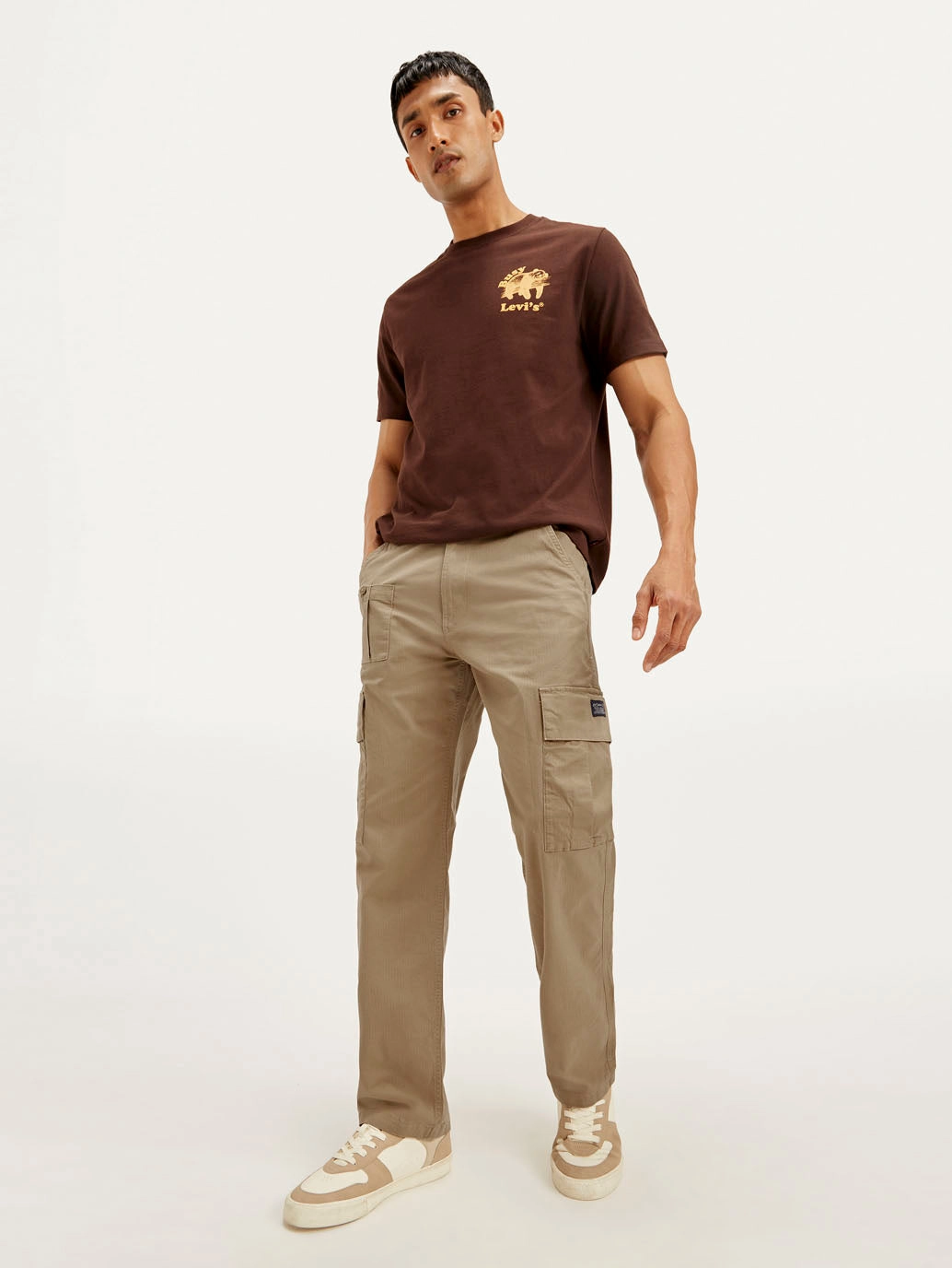 Men's Brown Loose Fit Cargo Trousers Easy Stretch Fit Ripstop Reinforcement